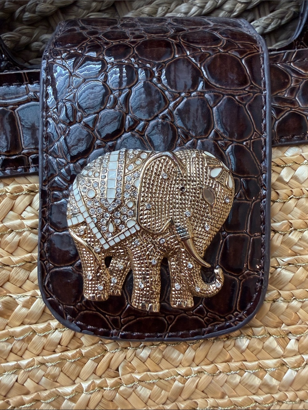 Woven Straw Tote with Dark Brown Croc-Effect Trim and Elephant Accent - Picture 5 of 7